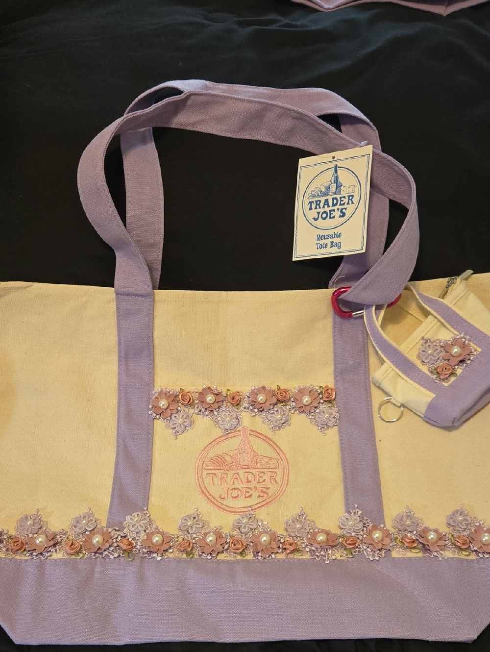 Trader Joe's Large Lavender-Trim Canvas Tote Bag